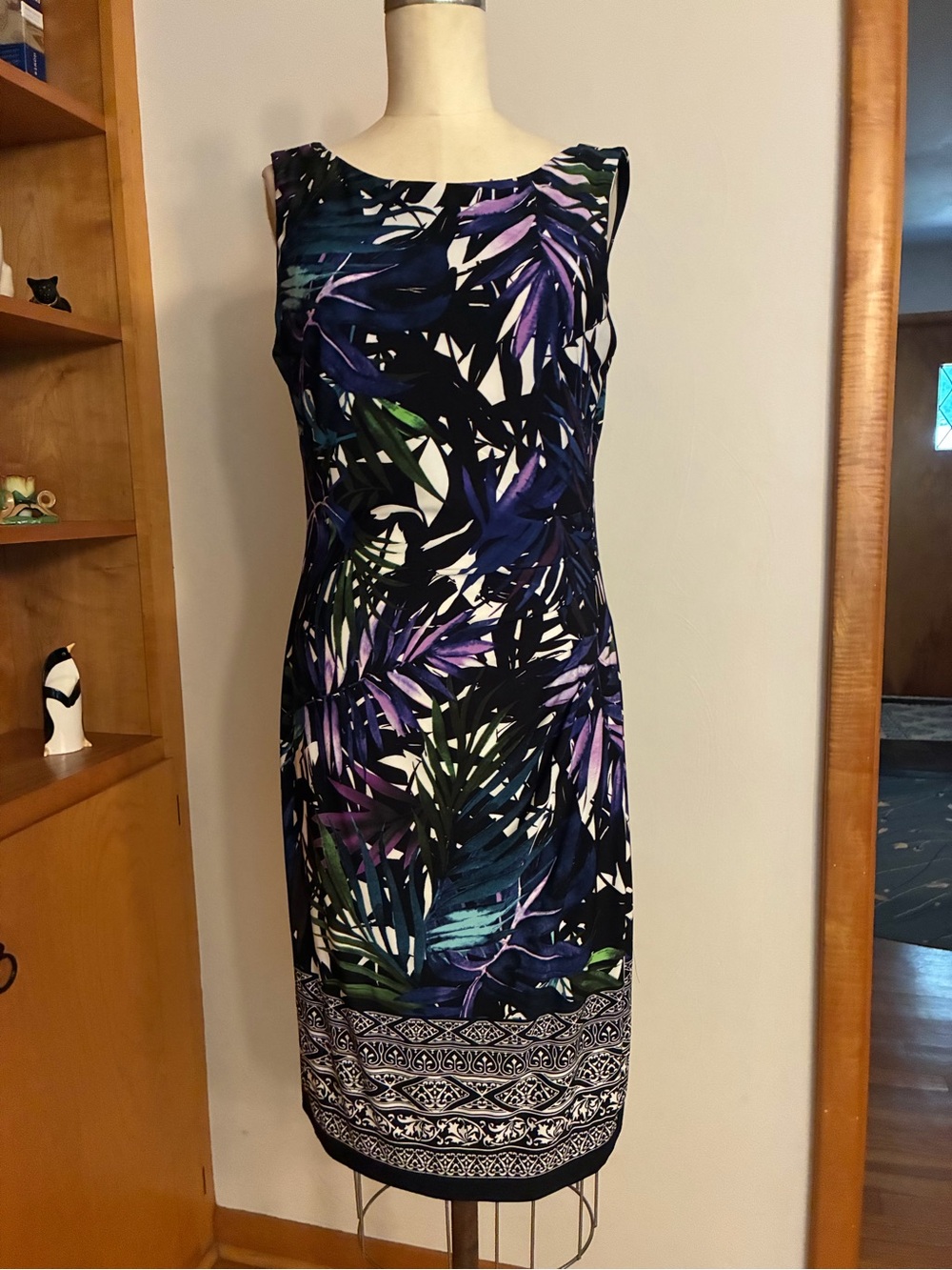 Connected Tropical Leaf Print Sheath Dress Sleeveless Teal Purple Green
